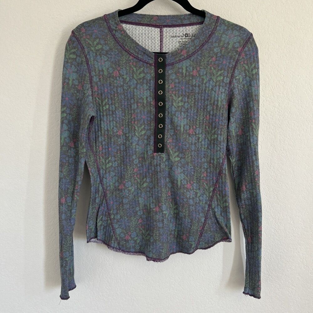 Natural Life Henley Top Blue Purple Green Floral Waffle Knit Thermal Shirt Sz M